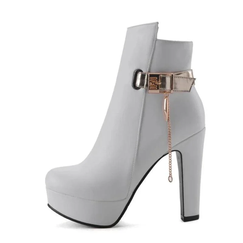 High Heels Buckle Platform Black White PU Leather Boots - Glova