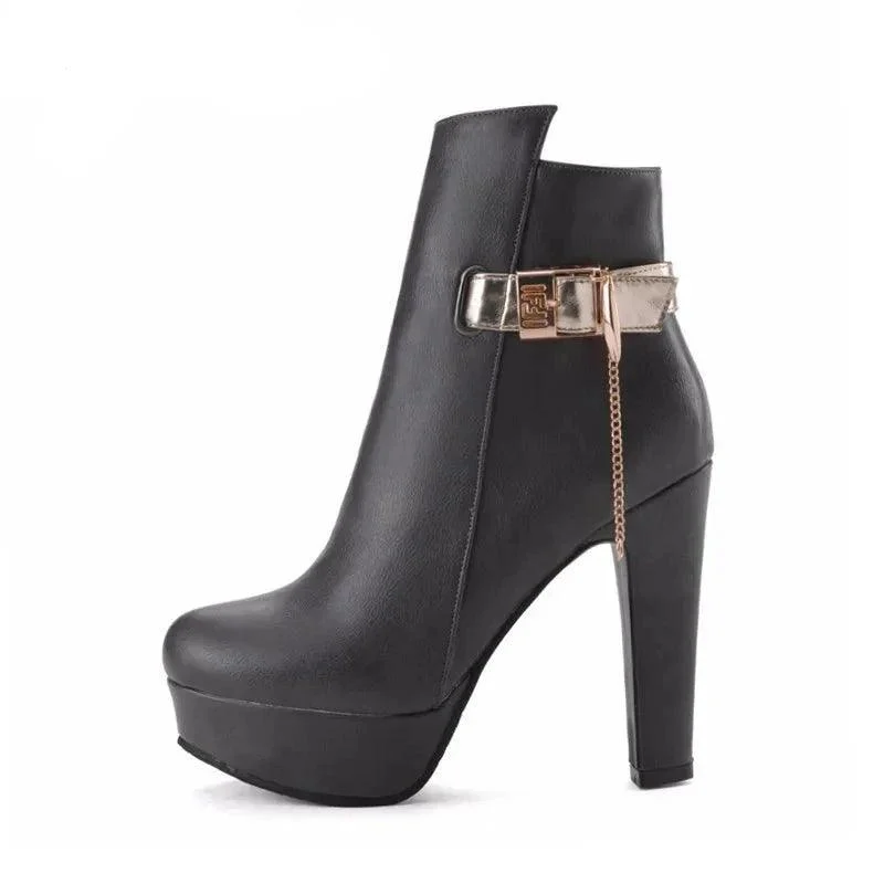 High Heels Buckle Platform Black White PU Leather Boots - Glova