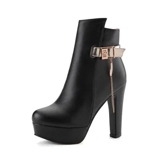 High Heels Buckle Platform Black White PU Leather Boots - Glova