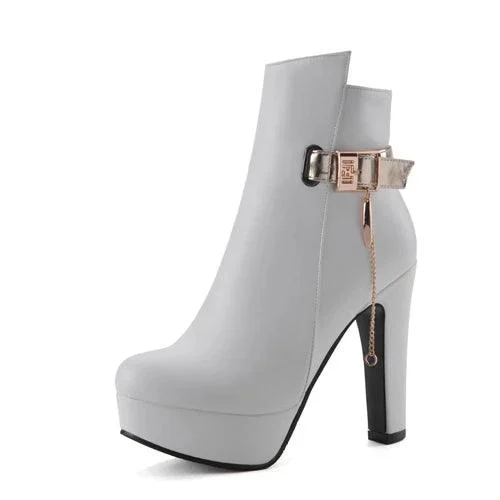 High Heels Buckle Platform Black White PU Leather Boots - Glova