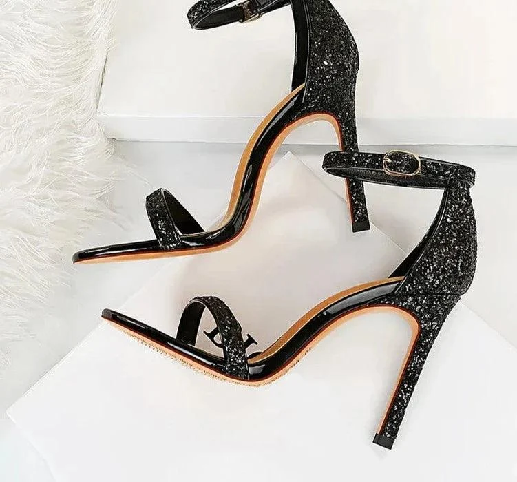 High Heels Buckle Strap Stiletto Rhine Stone Shoes - Glova