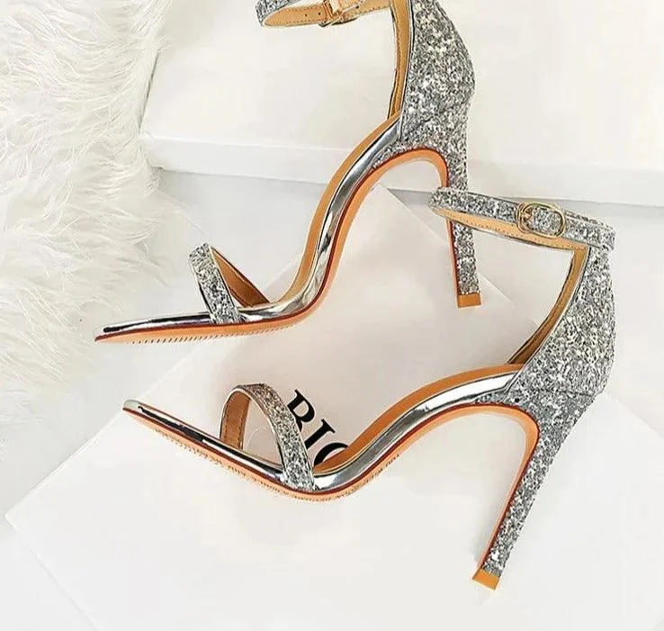 High Heels Buckle Strap Stiletto Rhine Stone Shoes - Glova