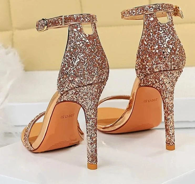 High Heels Buckle Strap Stiletto Rhine Stone Shoes - Glova