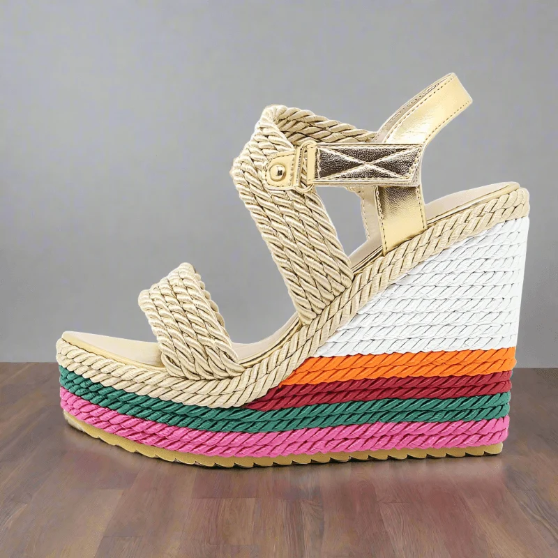 High Heels Colorful Sole Rope Braid Platform Shoes - Glova