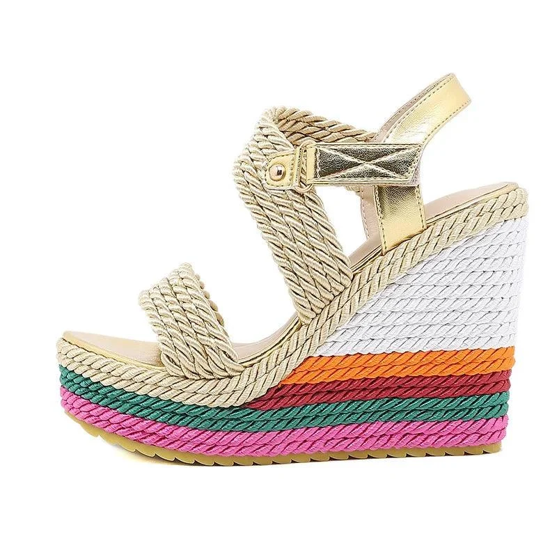 High Heels Colorful Sole Rope Braid Platform Shoes - Glova