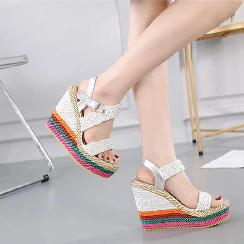 High Heels Colorful Sole Rope Braid Platform Shoes - Glova