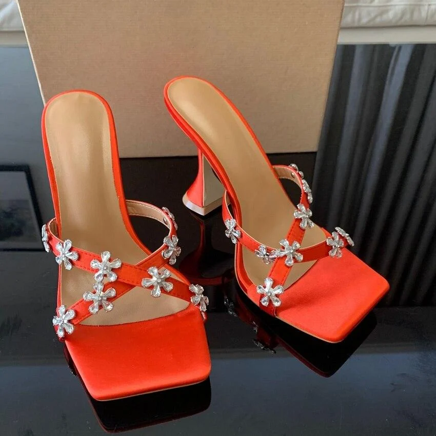 High Heels Crystal Flowers Sleek Sandal Shoes - Glova