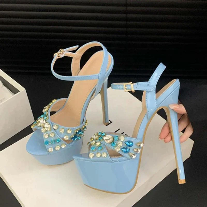 High Heels Rhinestone Rivet Peep Toe Platform Sandals - Glova