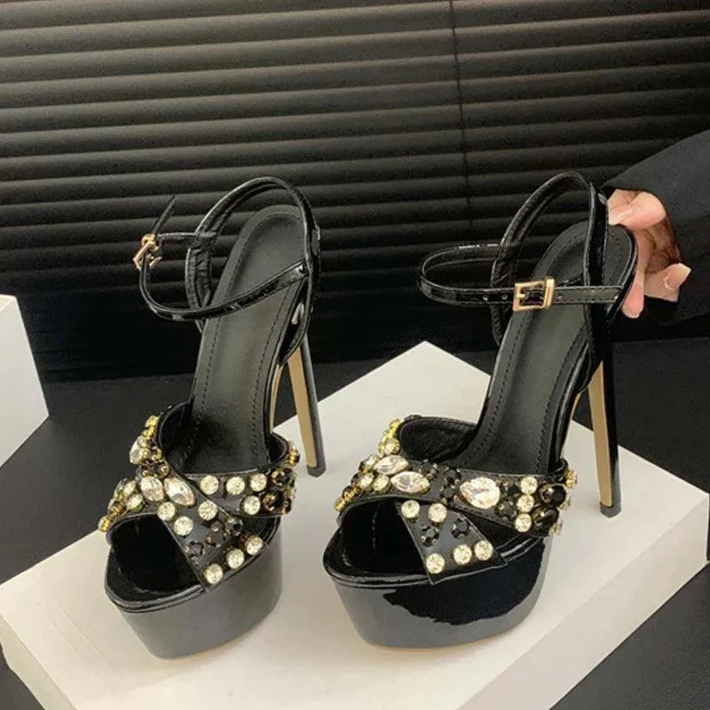 High Heels Rhinestone Rivet Peep Toe Platform Sandals - Glova