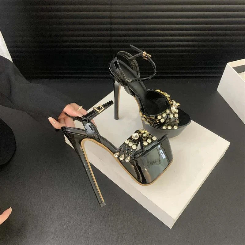 High Heels Rhinestone Rivet Peep Toe Platform Sandals - Glova