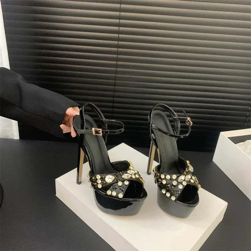 High Heels Rhinestone Rivet Peep Toe Platform Sandals - Glova