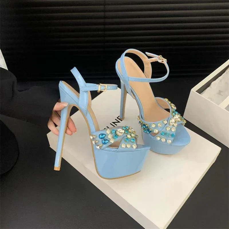 High Heels Rhinestone Rivet Peep Toe Platform Sandals - Glova