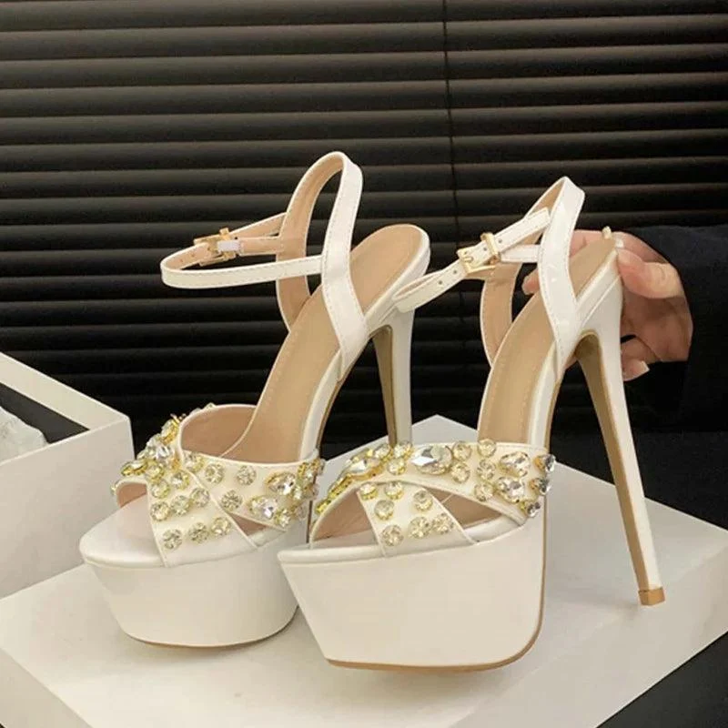 High Heels Rhinestone Rivet Peep Toe Platform Sandals - Glova