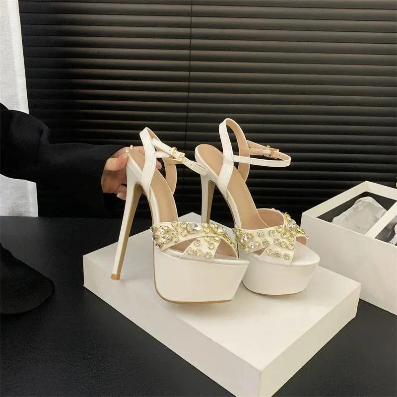 High Heels Rhinestone Rivet Peep Toe Platform Sandals - Glova