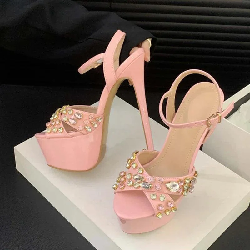 High Heels Rhinestone Rivet Peep Toe Platform Sandals - Glova