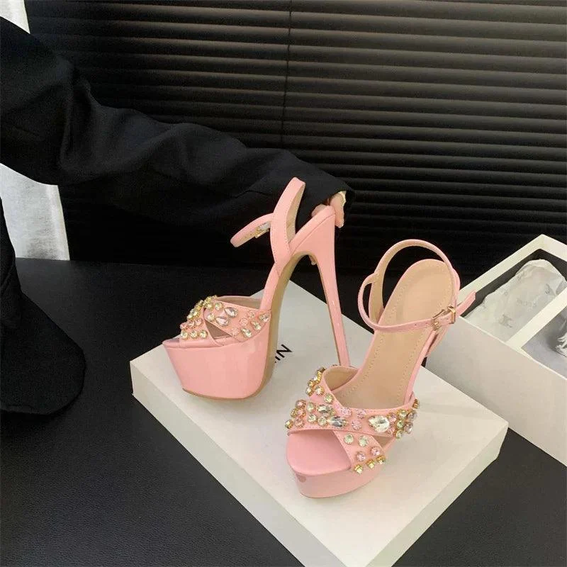 High Heels Rhinestone Rivet Peep Toe Platform Sandals - Glova