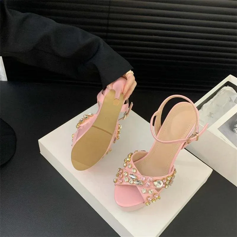 High Heels Rhinestone Rivet Peep Toe Platform Sandals - Glova