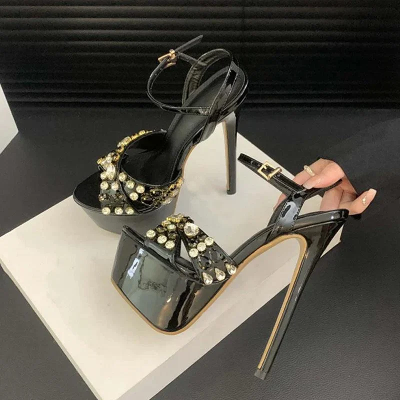 High Heels Rhinestone Rivet Peep Toe Platform Sandals - Glova