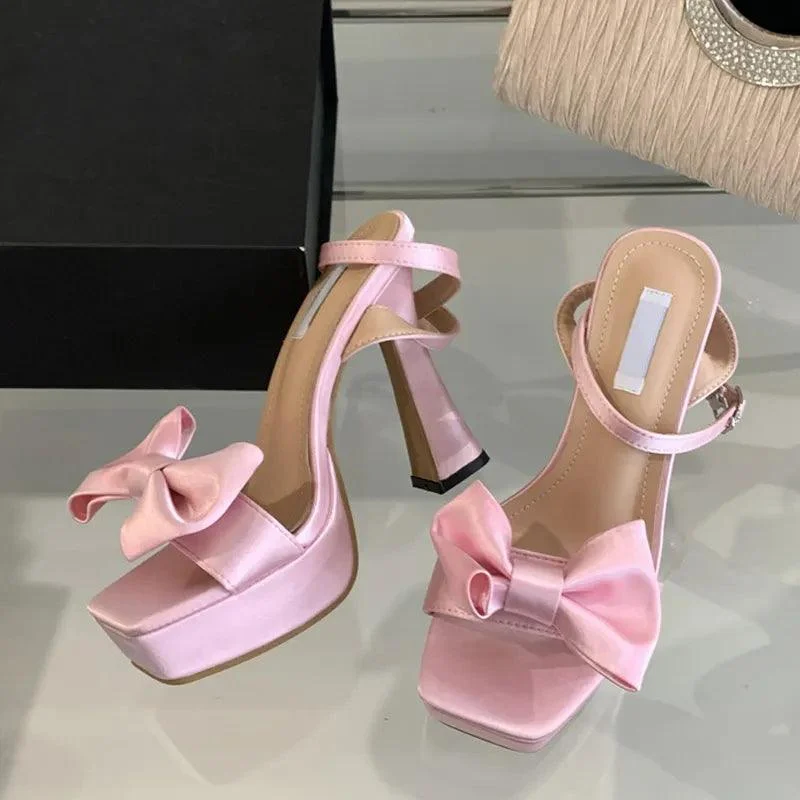 High Heels Silk Bowknot Square Open Toe Chunky Platform Shoes - Glova