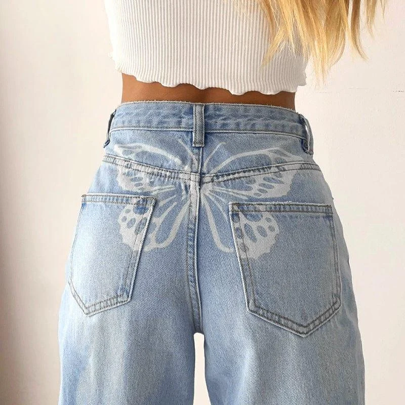 High Waist Butterfly Print Jeans - Glova