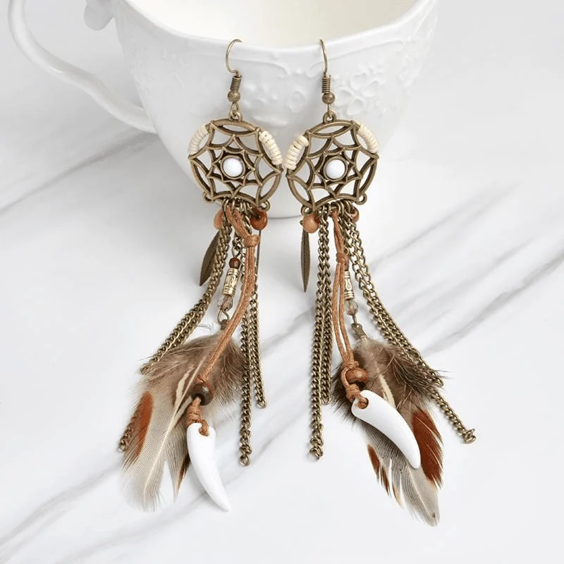 Hippie Feather Dreamcatcher Earrings - Glova