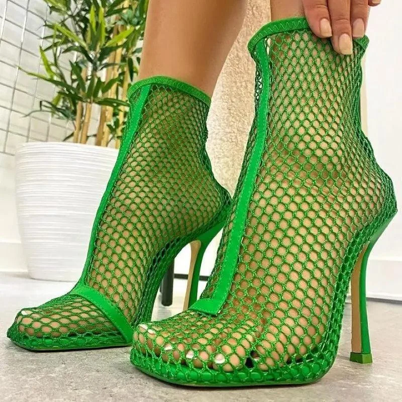 Hollow Mesh Zipper Stiletto Ankle Boots - Glova