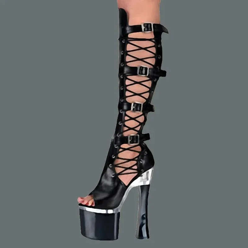 Hollow Out Knee High Boots 18cm High Heels Women Shoes - Glova