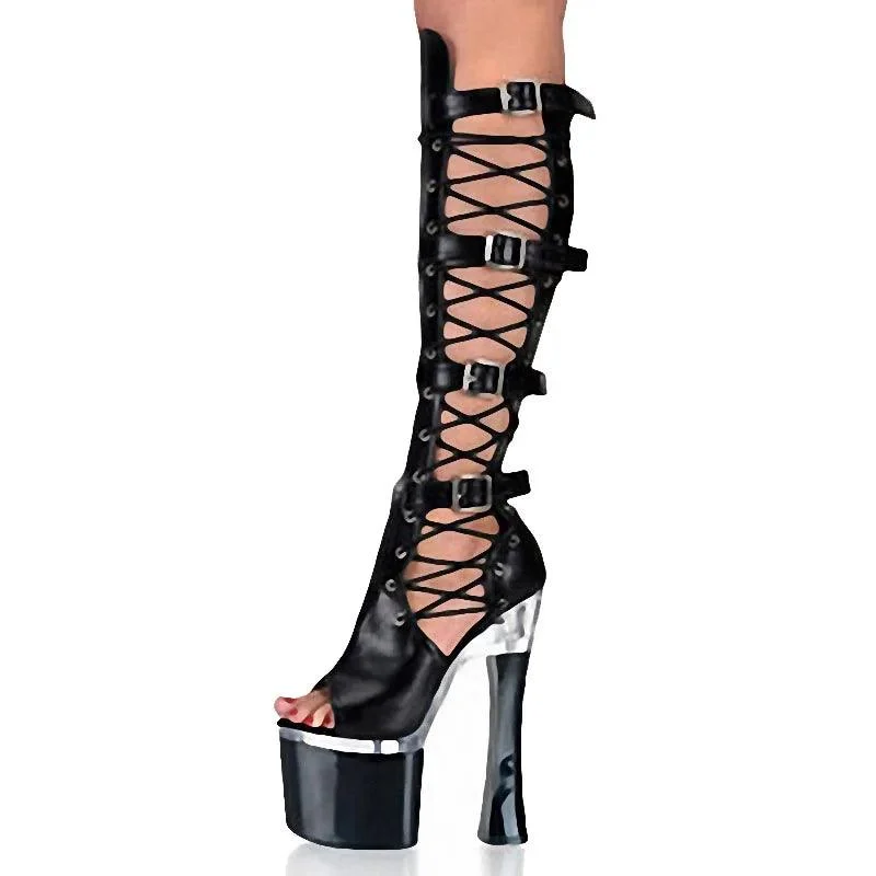 Hollow Out Knee High Boots 18cm High Heels Women Shoes - Glova