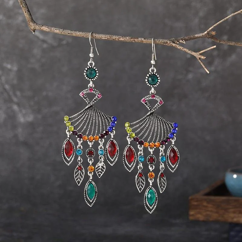 Hollow Rhinestone Drop Leaf Earrings - Glova