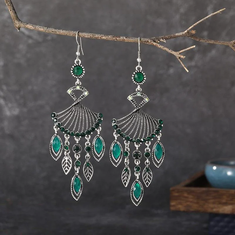 Hollow Rhinestone Drop Leaf Earrings - Glova