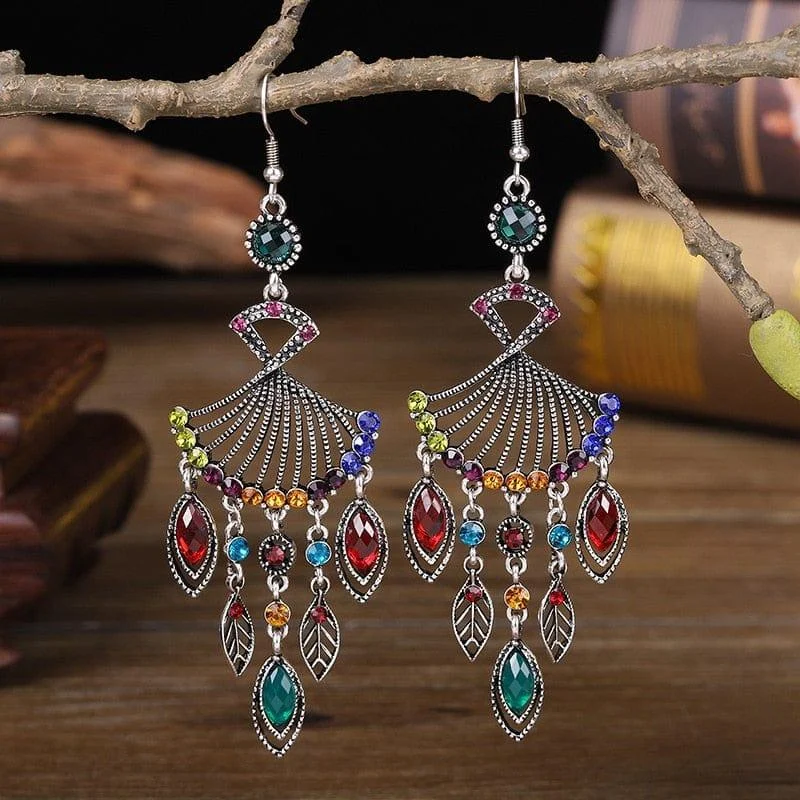 Hollow Rhinestone Drop Leaf Earrings - Glova