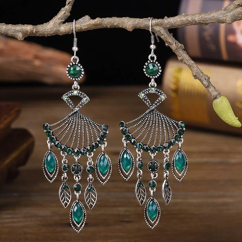 Hollow Rhinestone Drop Leaf Earrings - Glova