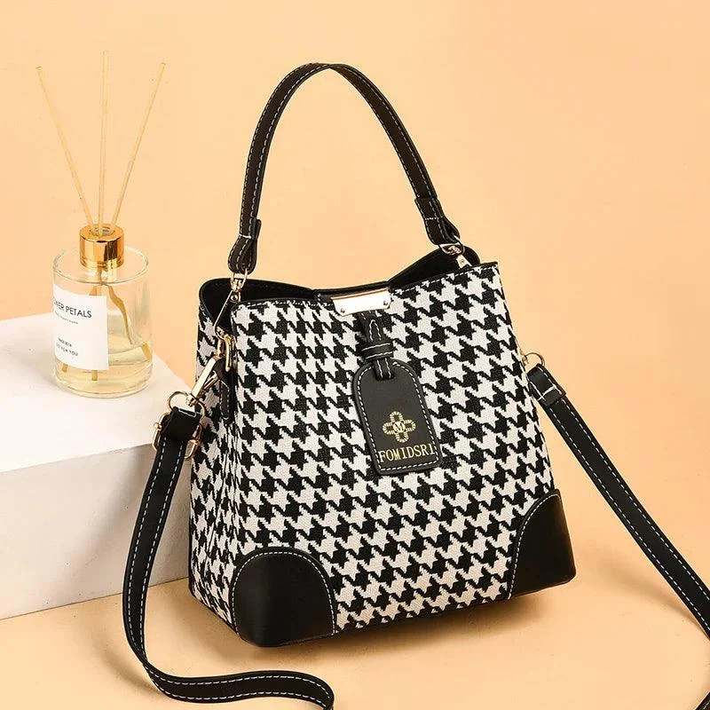 Houndstooth / Leopard Pattern PU Leather Bucket Cross Body Bag - Glova