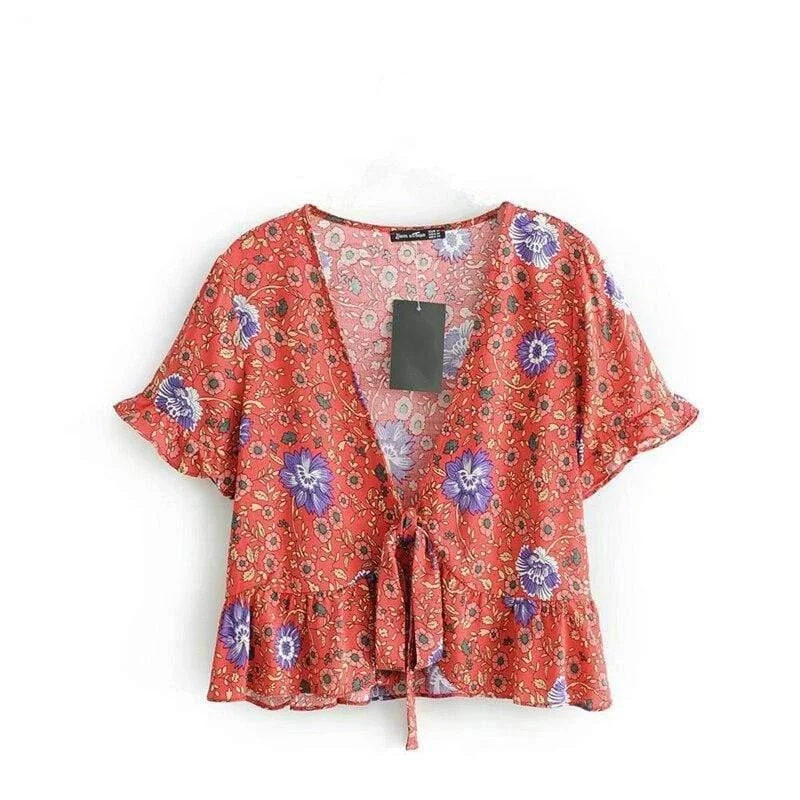 Ida Floral Tie Front Blouse in Red - Glova