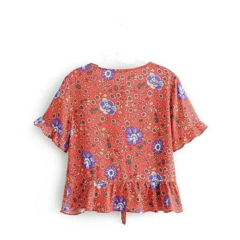 Ida Floral Tie Front Blouse in Red - Glova