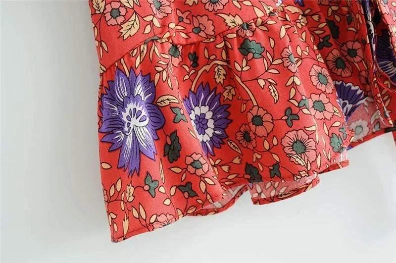 Ida Floral Tie Front Blouse in Red - Glova