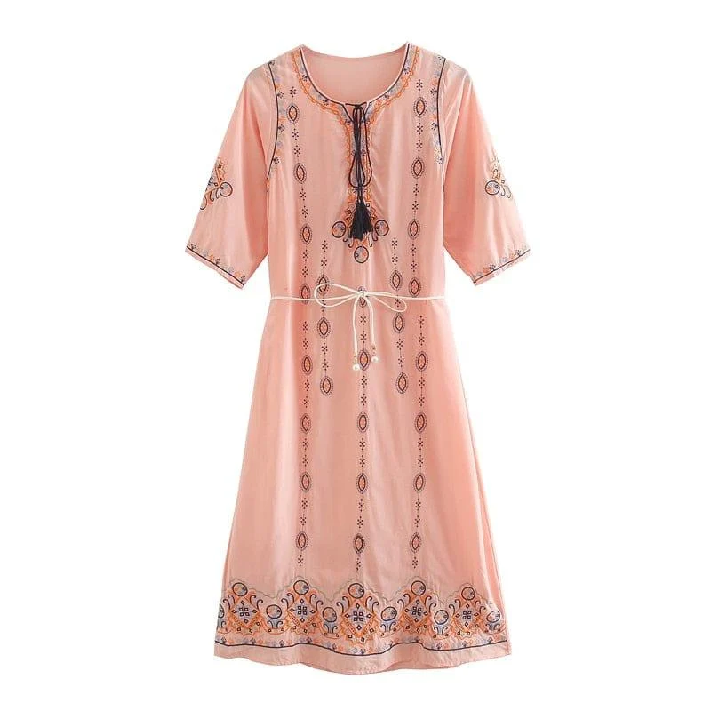 Ignatia Boho Embroidery Midi Dress - Glova