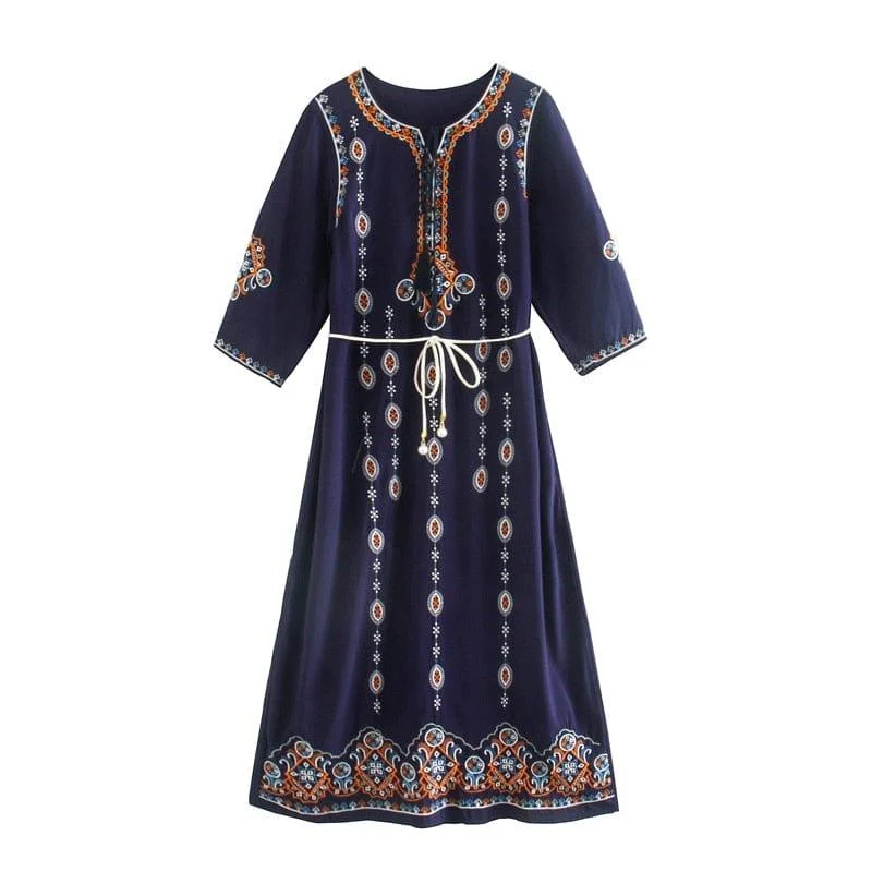 Ignatia Boho Embroidery Midi Dress - Glova