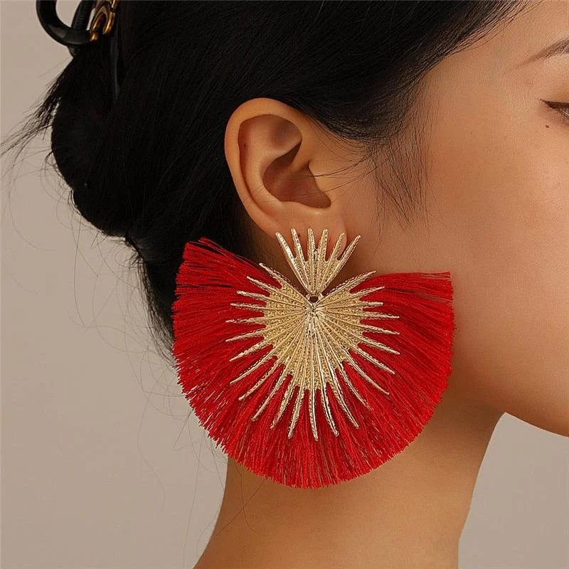 Inka Bohemian Big Exaggerated Fan Tassel Earrings - Glova