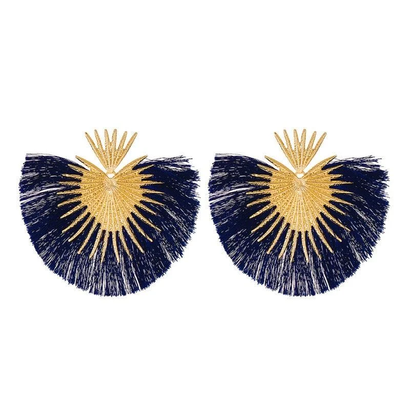 Inka Bohemian Big Exaggerated Fan Tassel Earrings - Glova