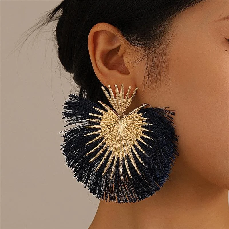 Inka Bohemian Big Exaggerated Fan Tassel Earrings - Glova