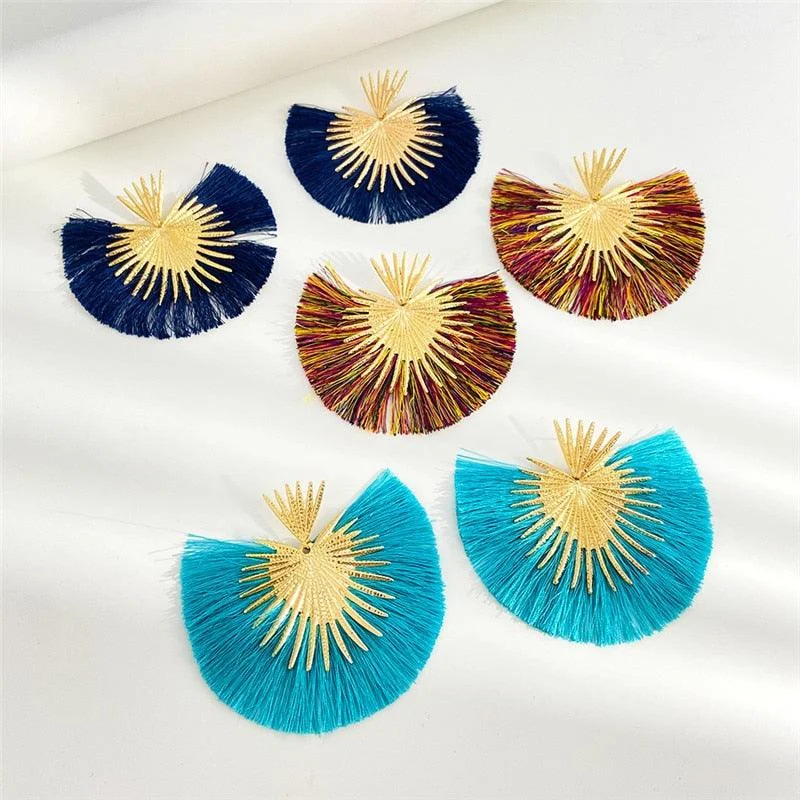 Inka Bohemian Big Exaggerated Fan Tassel Earrings - Glova