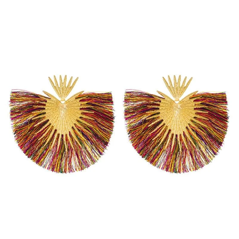 Inka Bohemian Big Exaggerated Fan Tassel Earrings - Glova