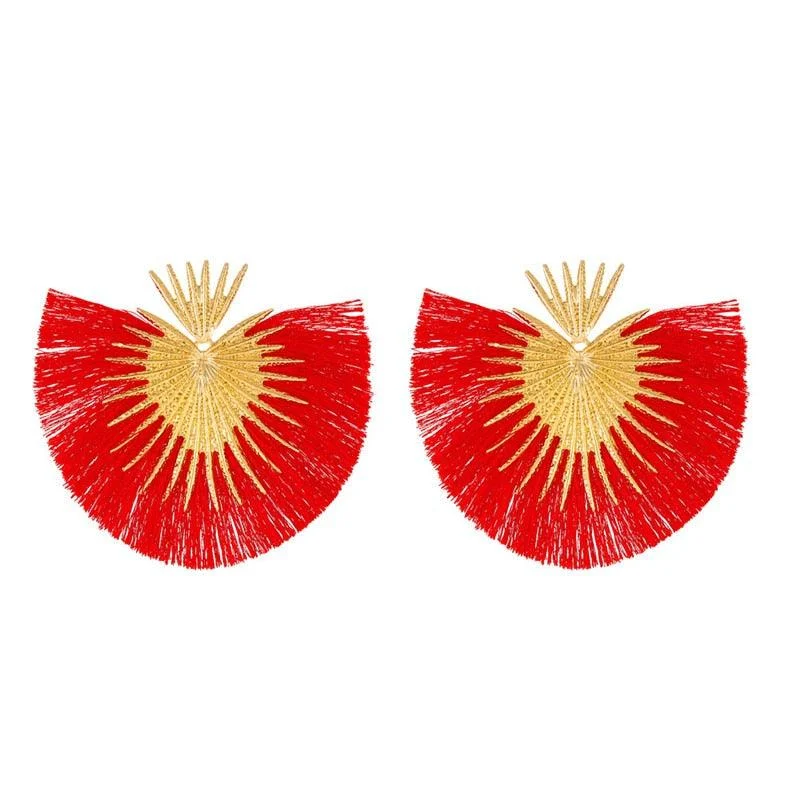 Inka Bohemian Big Exaggerated Fan Tassel Earrings - Glova