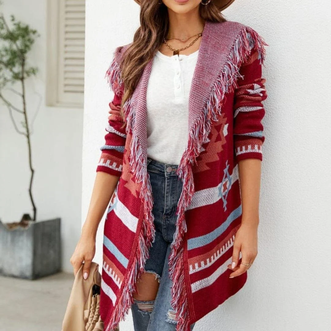 Itzel Aztec Open Front Fringe Cardigan - Glova