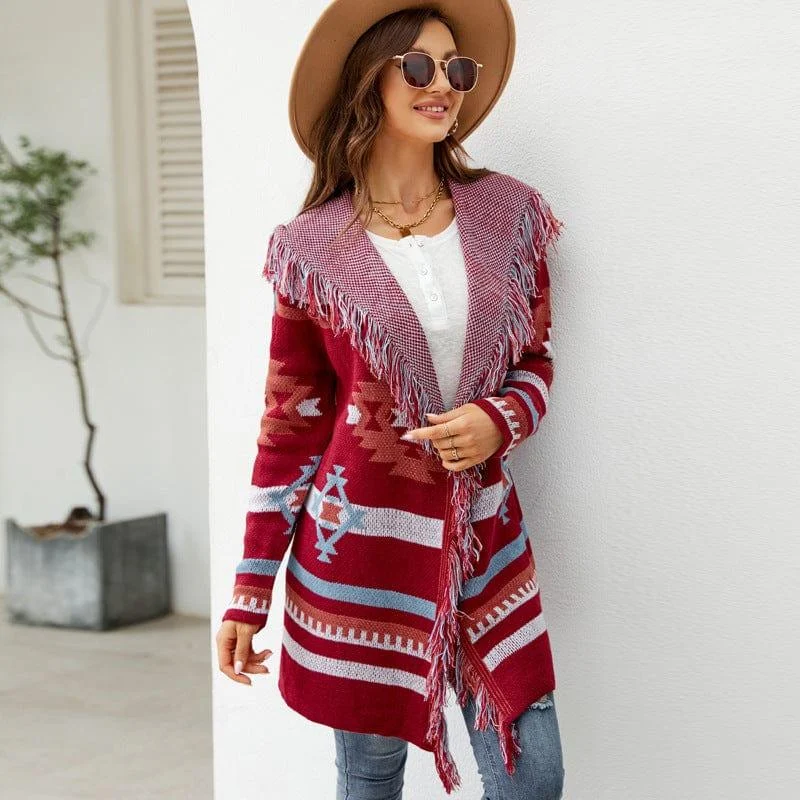 Itzel Aztec Open Front Fringe Cardigan - Glova