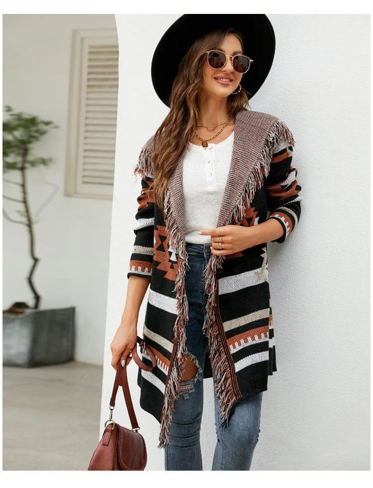 Itzel Aztec Open Front Fringe Cardigan - Glova