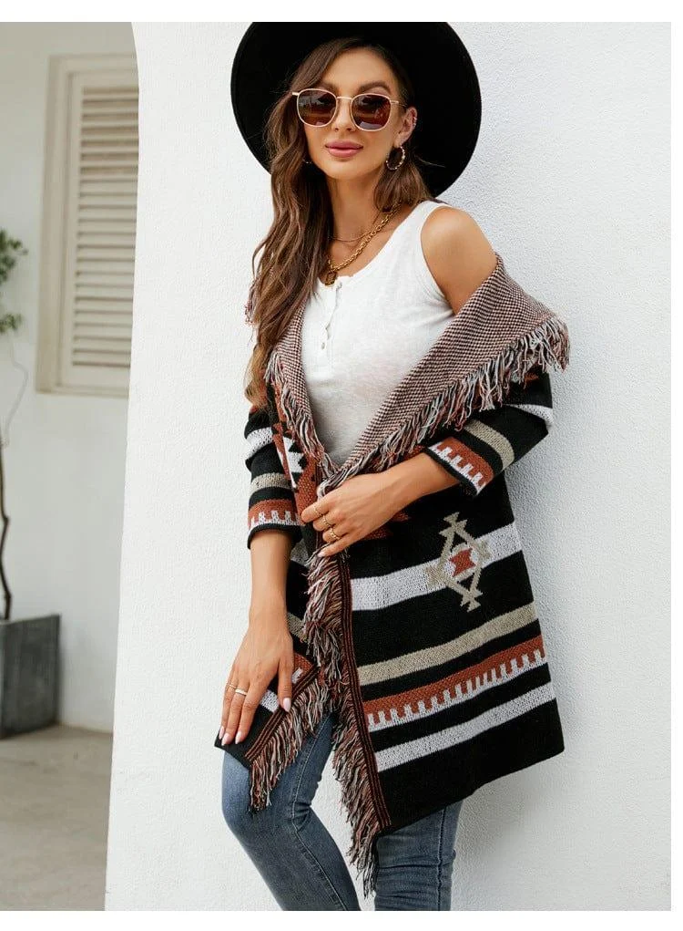 Itzel Aztec Open Front Fringe Cardigan - Glova