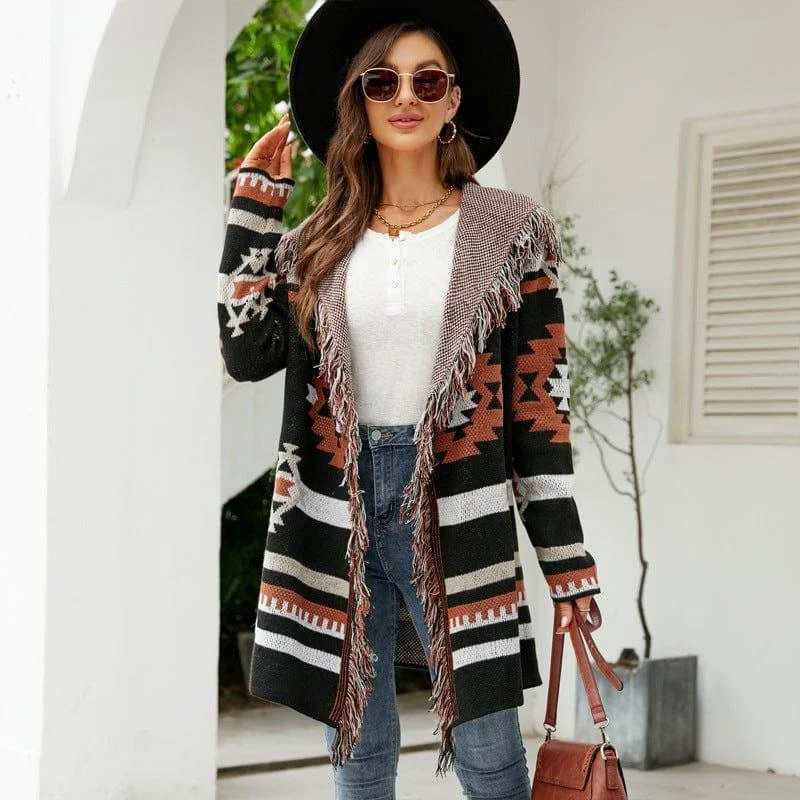 Itzel Aztec Open Front Fringe Cardigan - Glova