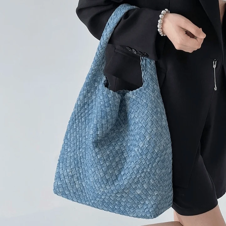 Izara Distressed Denim Serpentine Woven Totes - Glova